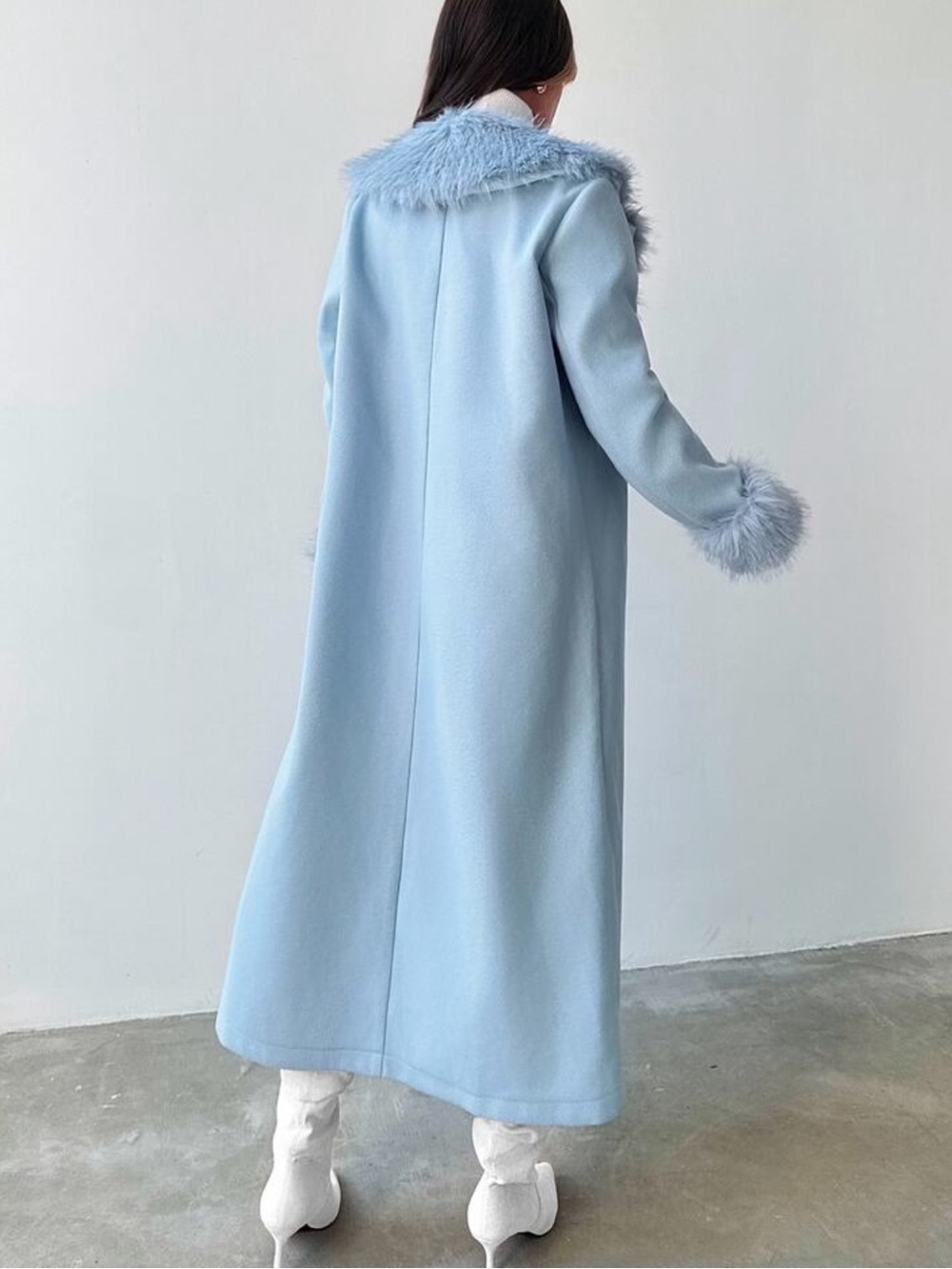 Light Blue Long Coat Faux Fur Collar Cuffs Open Front long peacoat - Picture 4 of 4